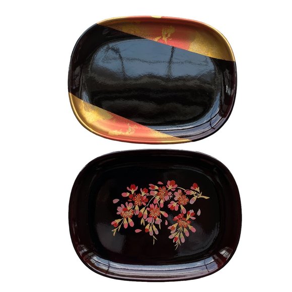 2 Small Lacquered Trinket Trays Jewelry Change Dishes - Picture 5 of 7